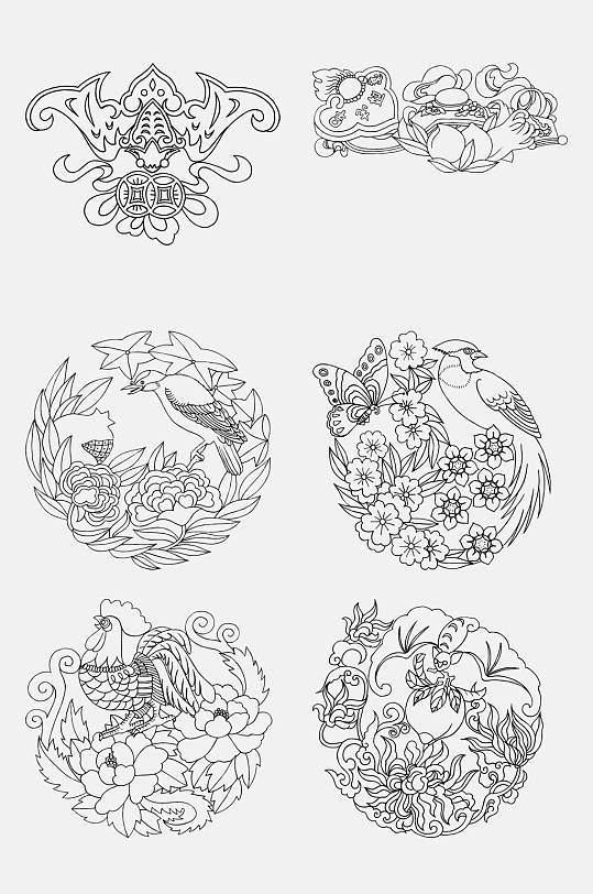 简约手绘古典线描纹样免抠素材