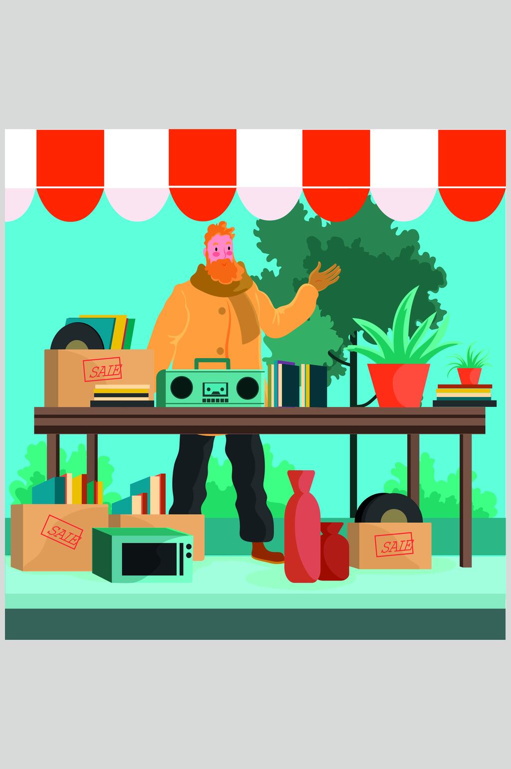 树木扁平服装购物场景插画矢量素材素材