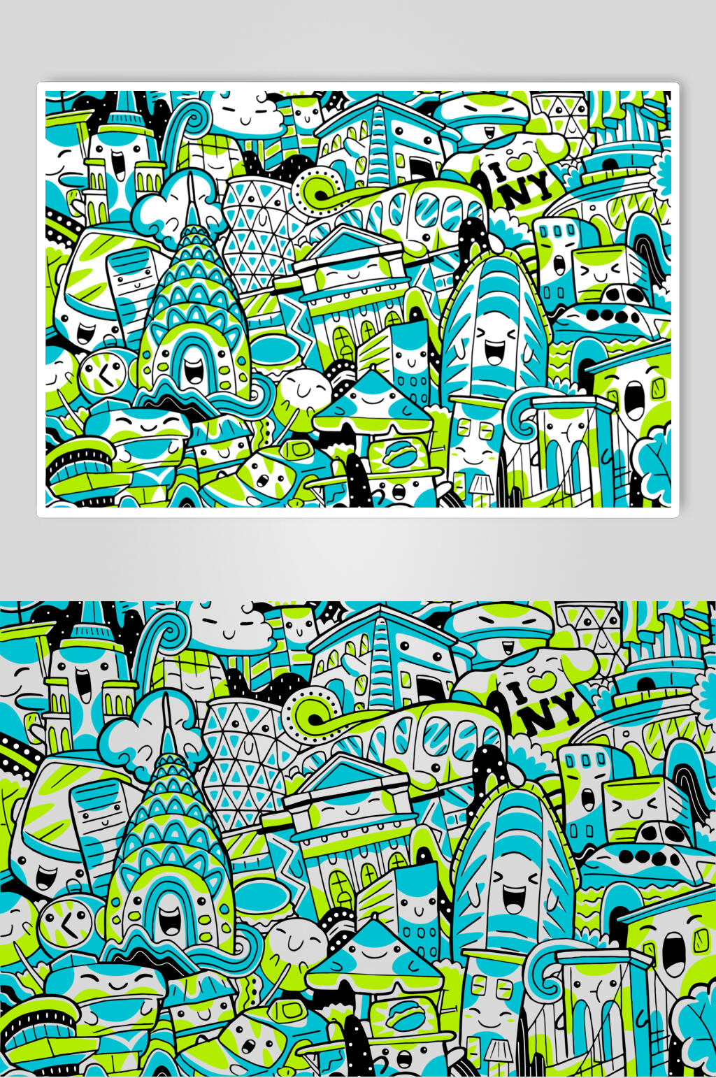 蓝绿笑脸手绘可爱涂鸦插画矢量素材素材