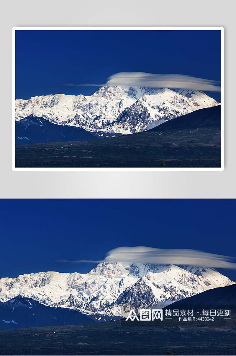 蓝天白云山间近景雪山雪景图片素材