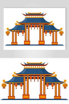 灯笼蓝黄简约中式古代建筑矢量素材