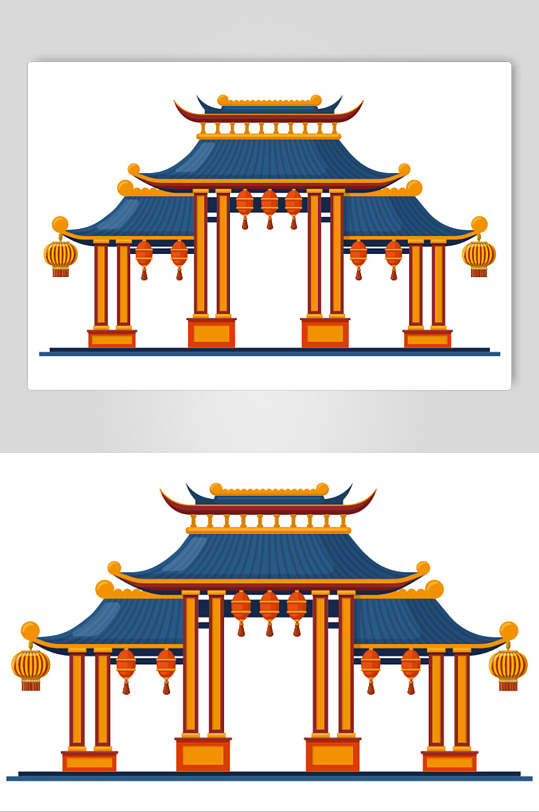 灯笼蓝黄简约中式古代建筑矢量素材