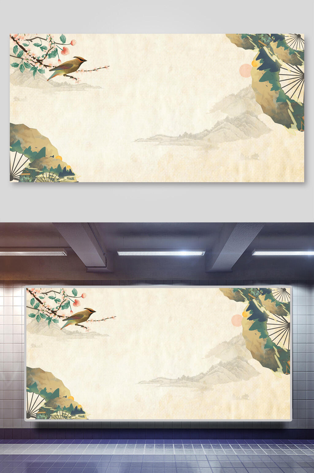 扇子黄绿小鸟简约风古风工笔画背景素材