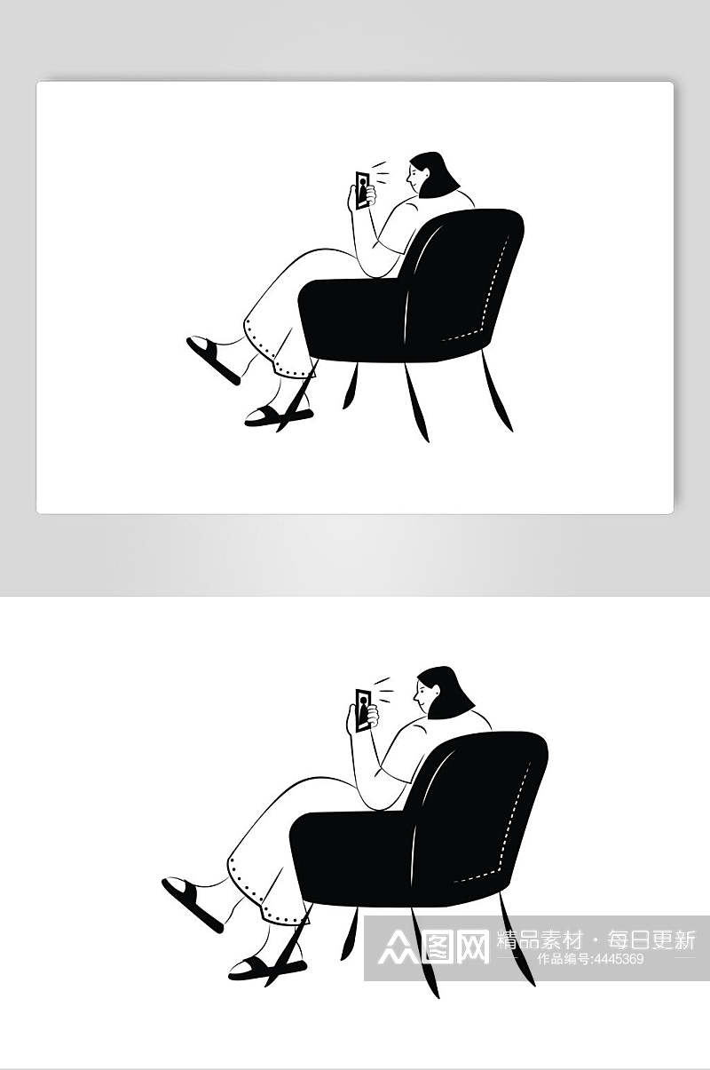 沙发黑白手绘扁平化人物插画素材素材