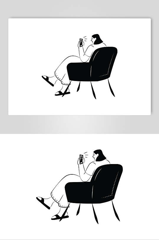 沙发黑白手绘扁平化人物插画素材