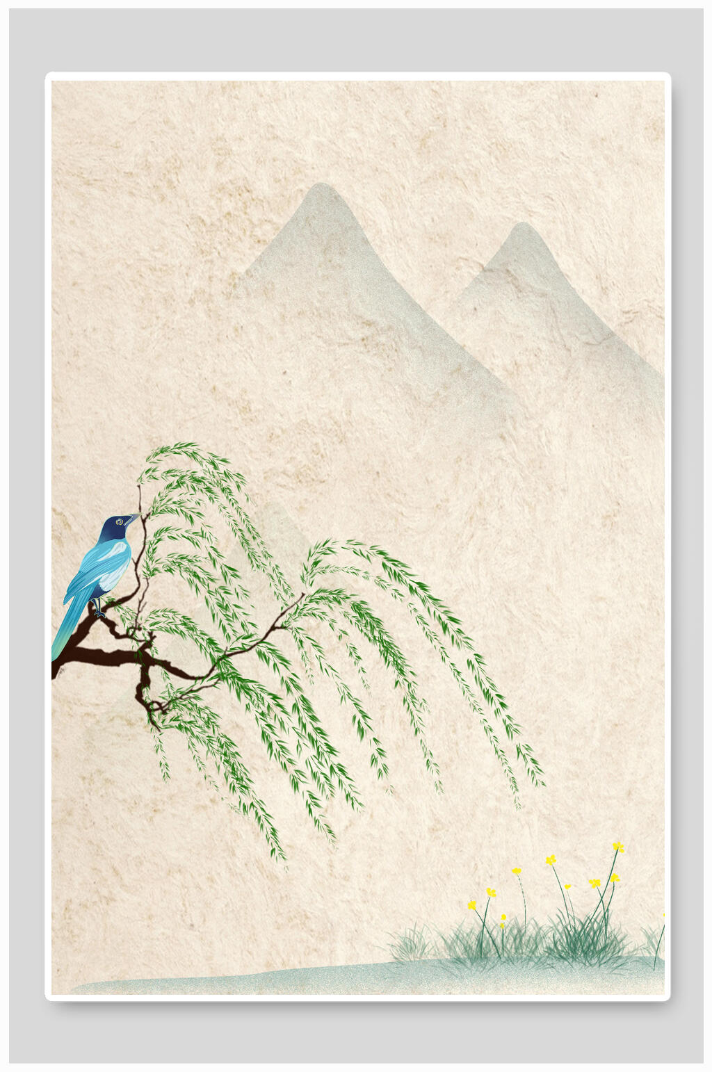 小鸟树枝黄绿色清新古风工笔画背景素材