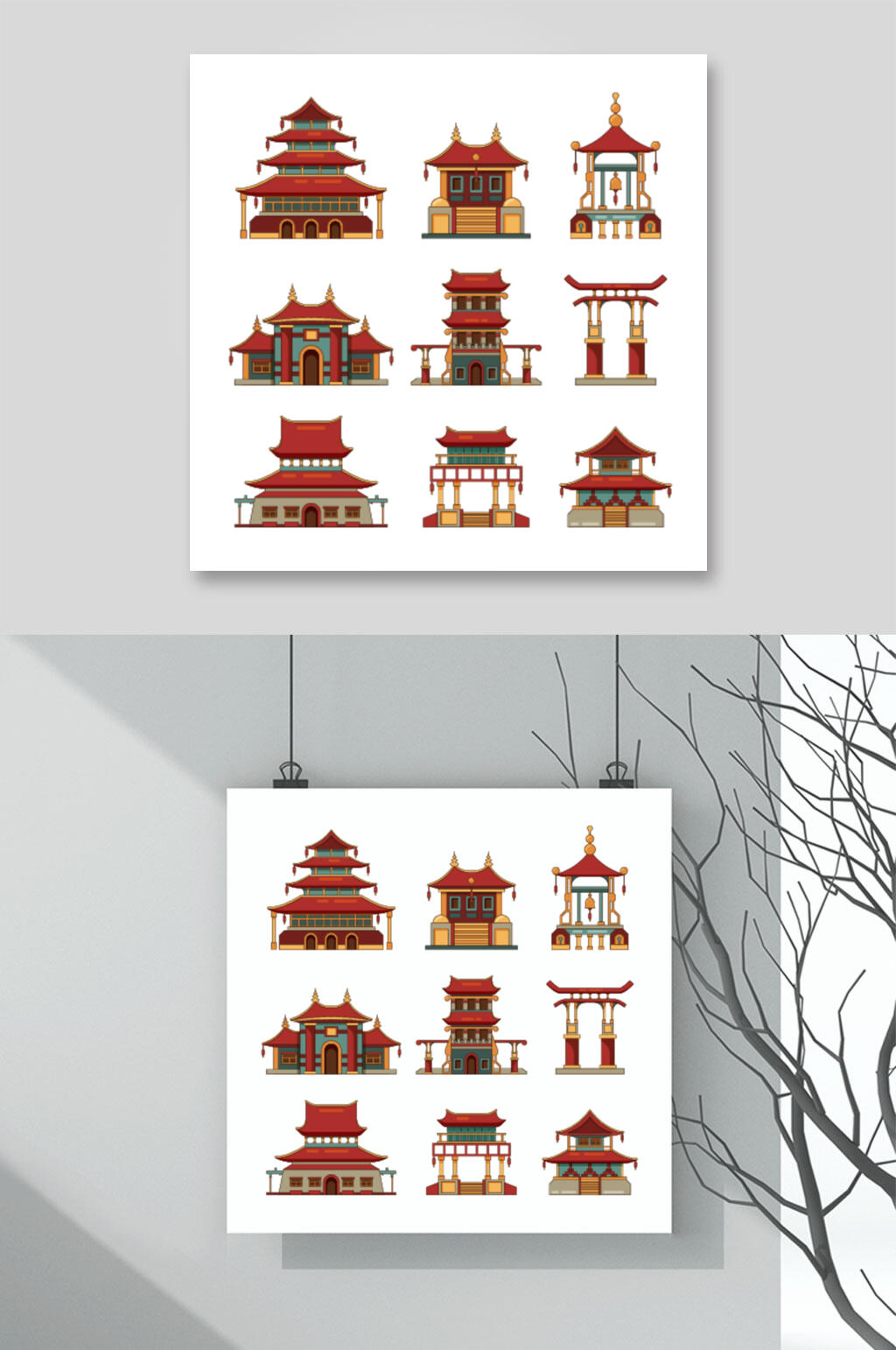 房子红黄清新中式古代建筑矢量素材素材