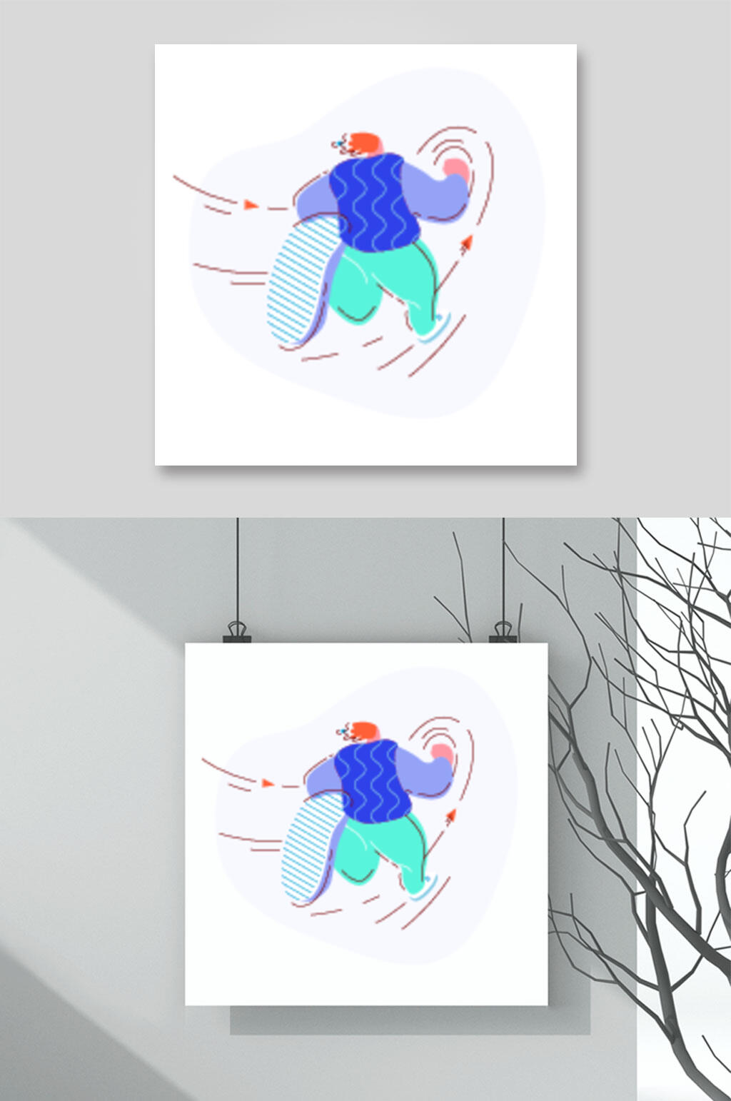 蓝绿线条简约风扁平化人物插画素材素材
