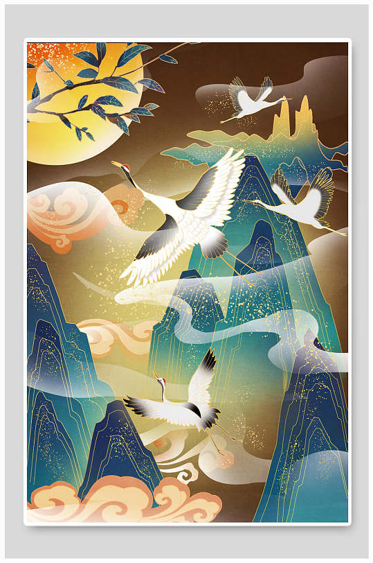 仙鹤竖版中国风插画