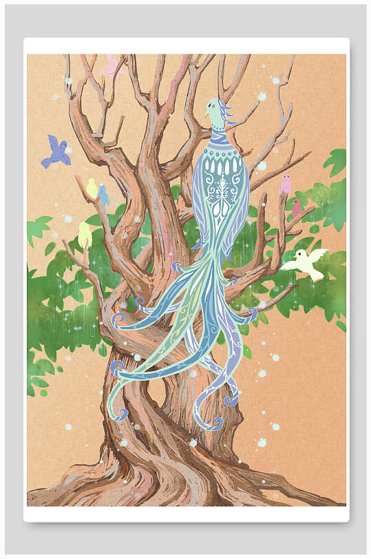 古藤树凤凰国潮风插画