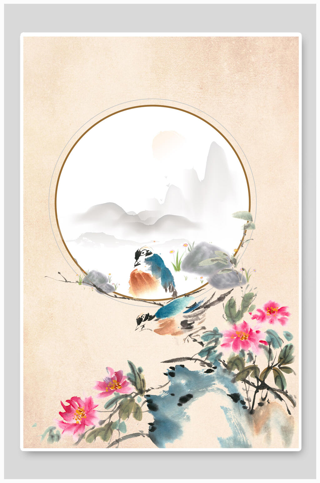 小鸟花朵黄色高级感古风工笔画背景素材