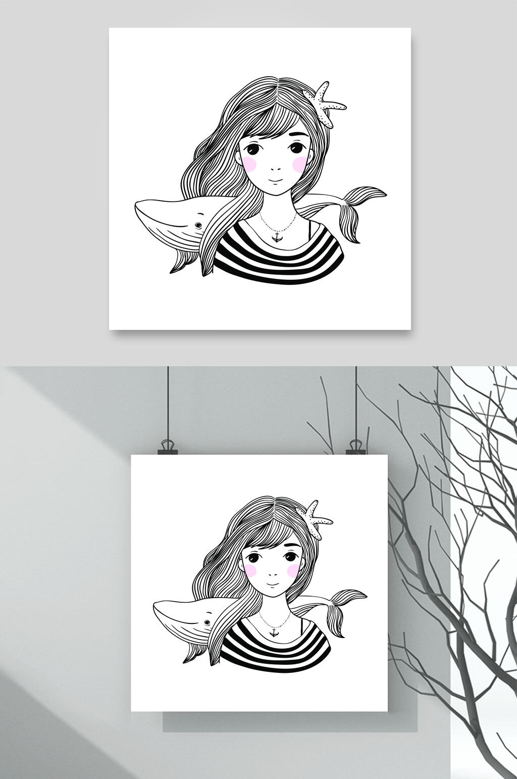 女孩鲸鱼线稿童话人物矢量素材素材