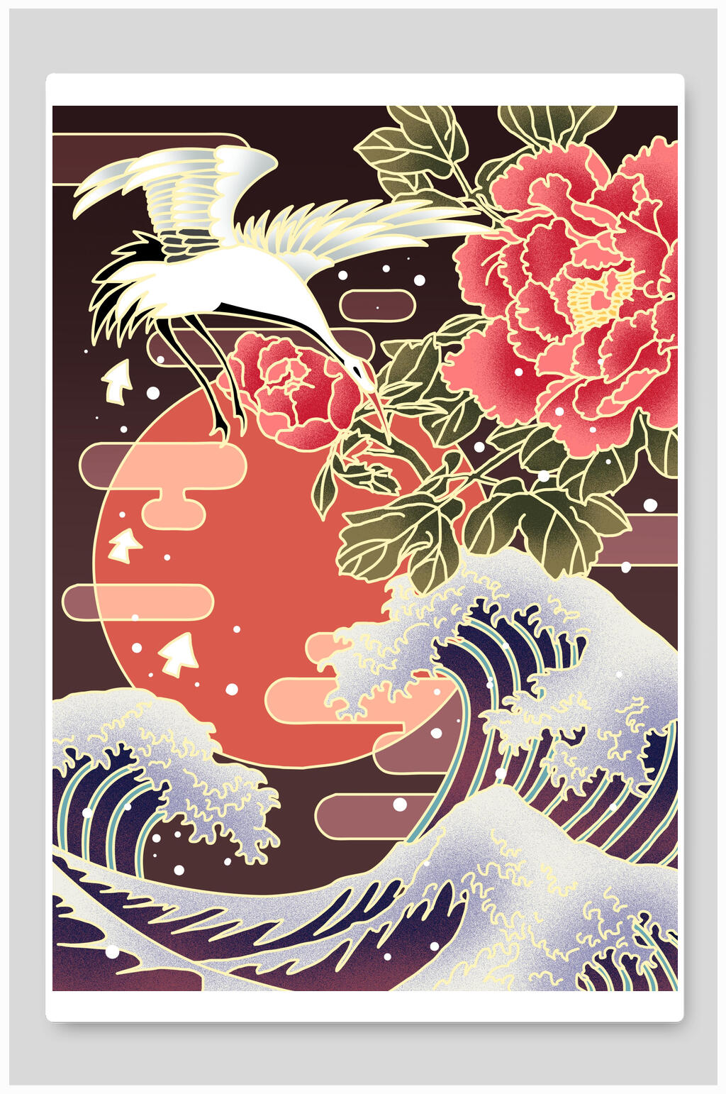 大气花朵仙鹤国潮风插画素材