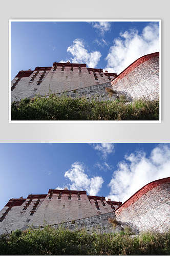 蓝天白云墙壁绿布达拉宫风景图