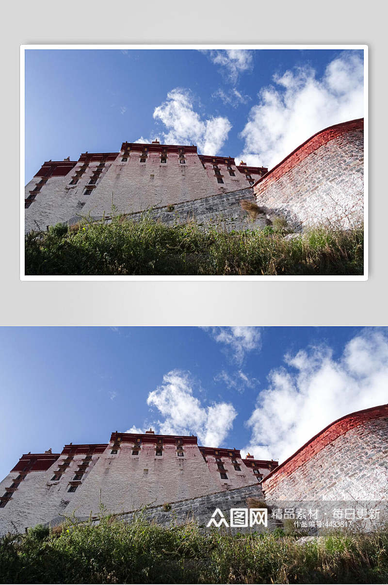 蓝天白云墙壁绿布达拉宫风景图素材