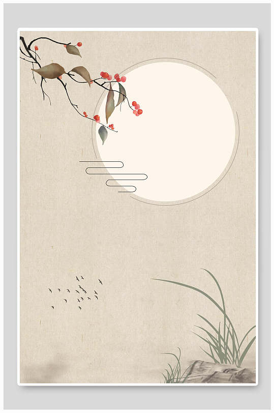 树枝植物黄色圆形古风工笔画背景