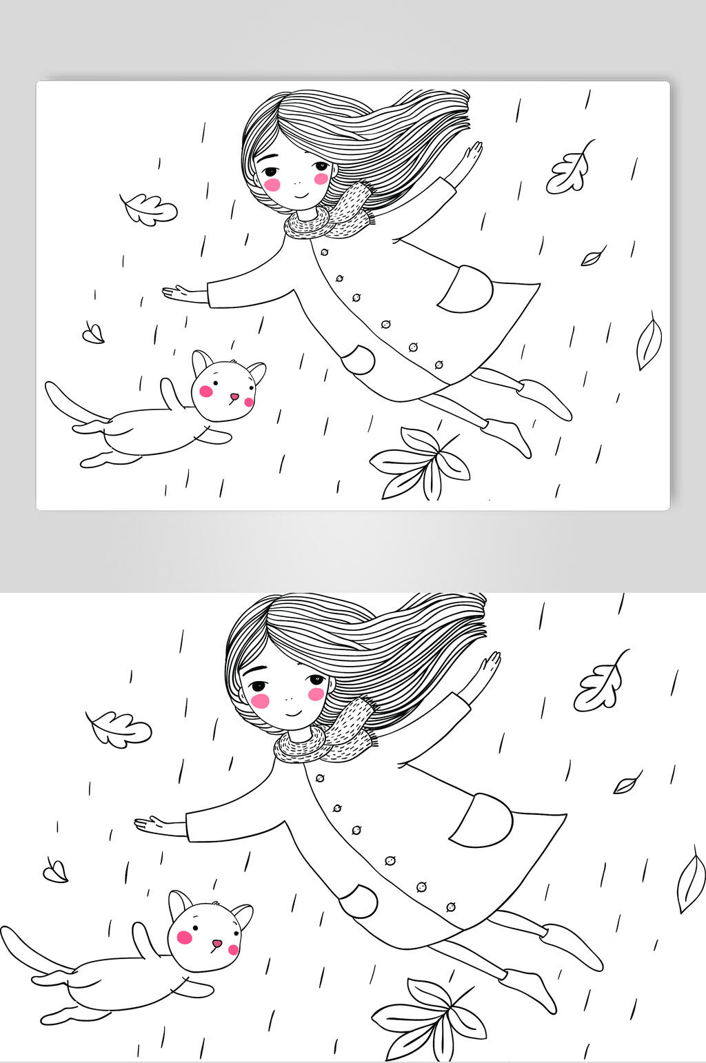 线稿童话女孩猫咪人物矢量素材素材