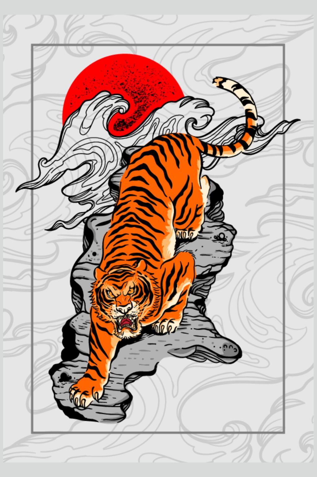 石头祥云潮流猛虎插画印花矢量素材素材