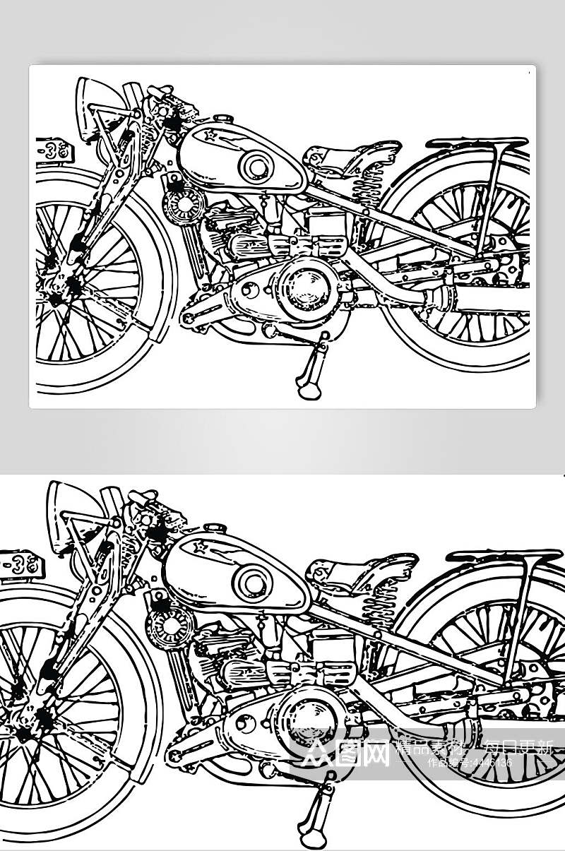 简约黑白手绘摩托车套装矢量素材素材