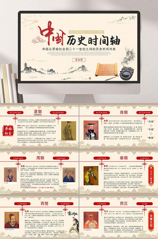 古风中国历史时间轴PPT-众图网