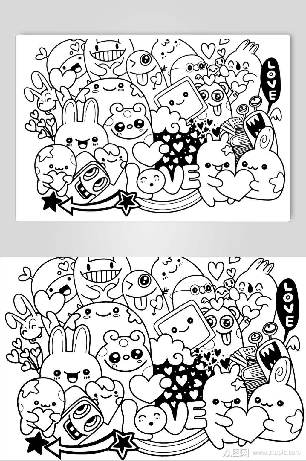 爱心星星黑白简约涂鸦插画矢量素材素材
