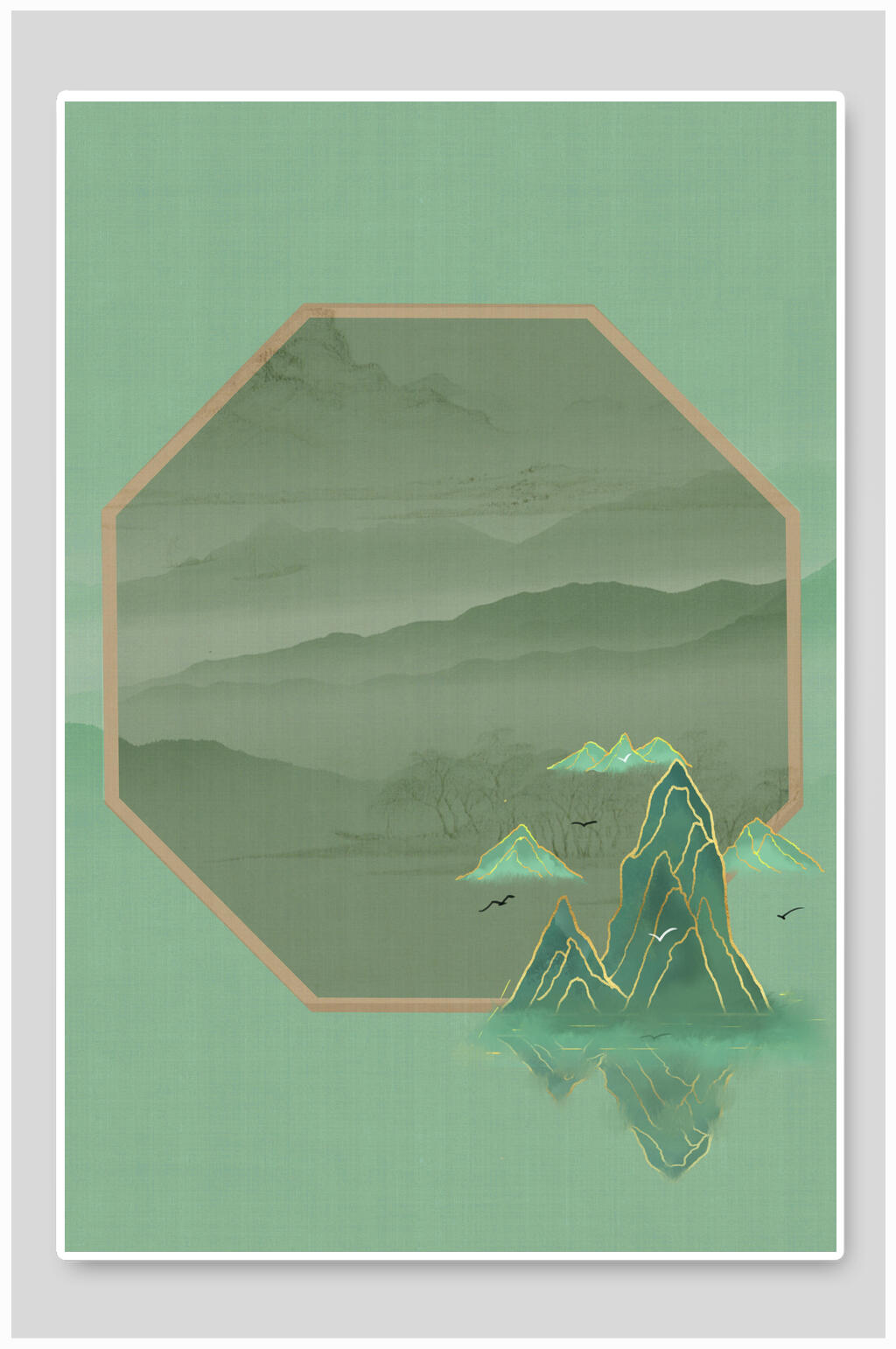 山峰绿色简约高级感古风工笔画背景素材