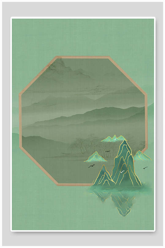 山峰绿色简约高级感古风工笔画背景