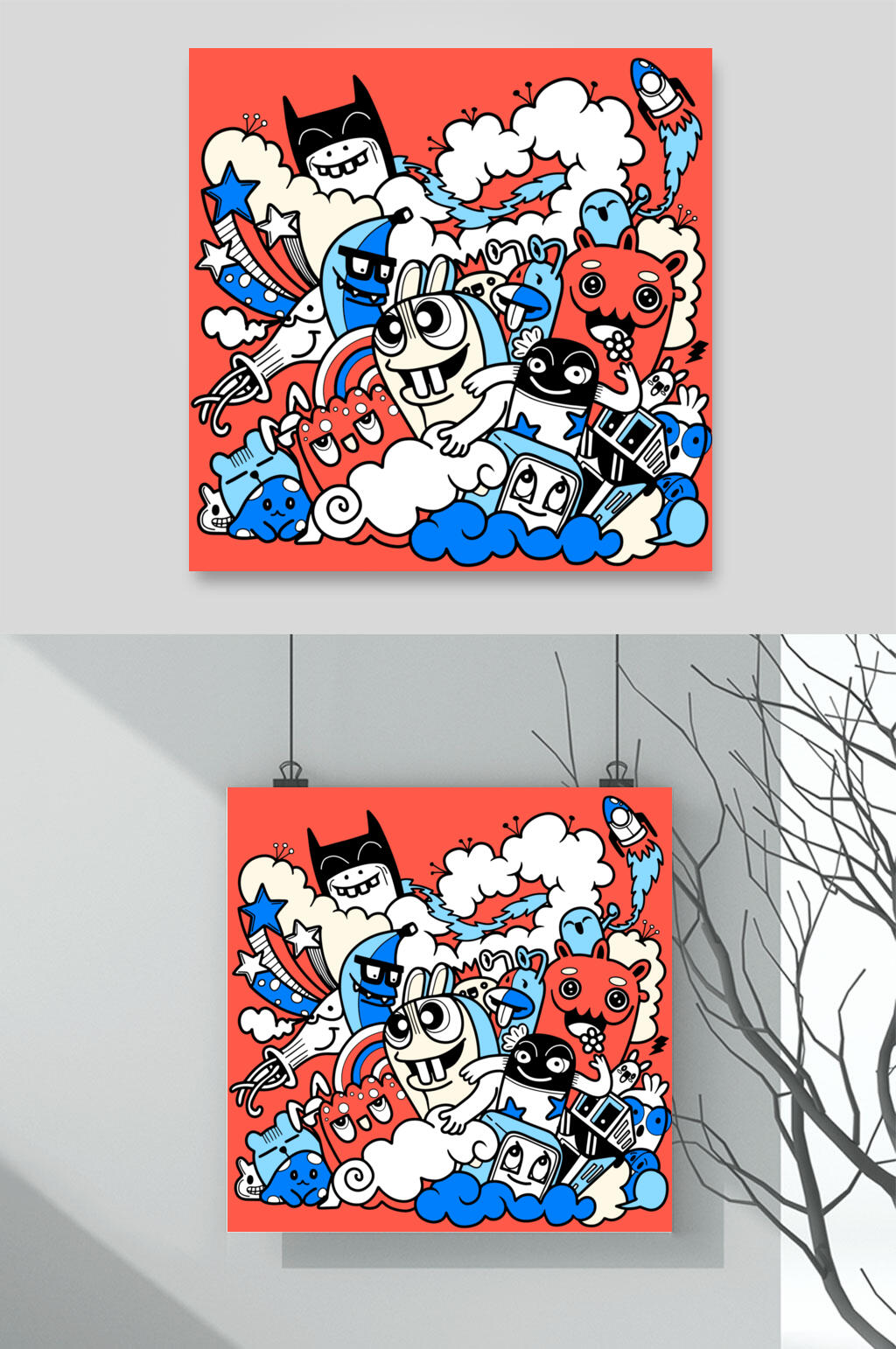 云朵蓝红可爱手绘涂鸦插画矢量素材素材