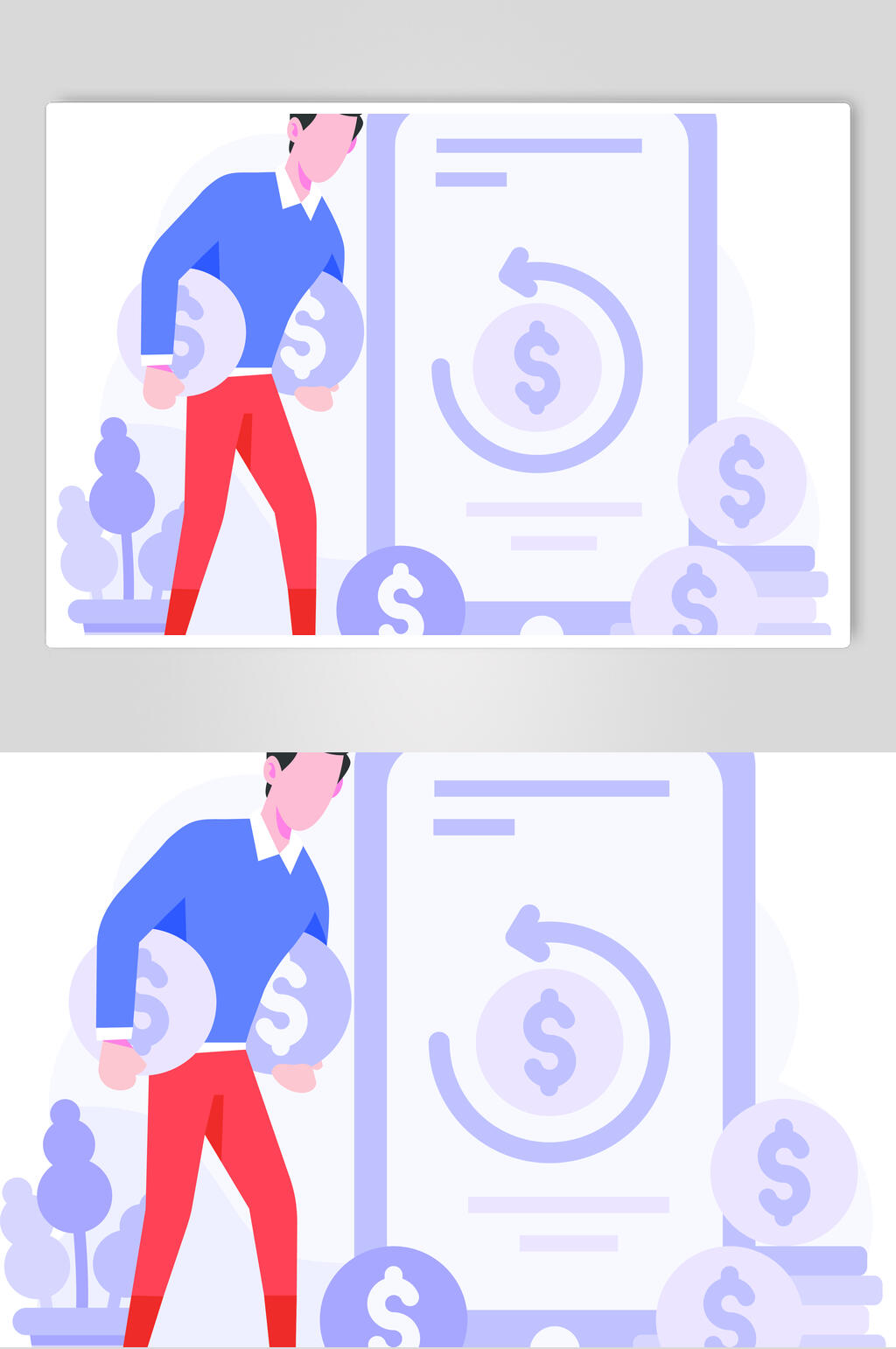 钱币手机蓝红电商购物插画矢量素材素材