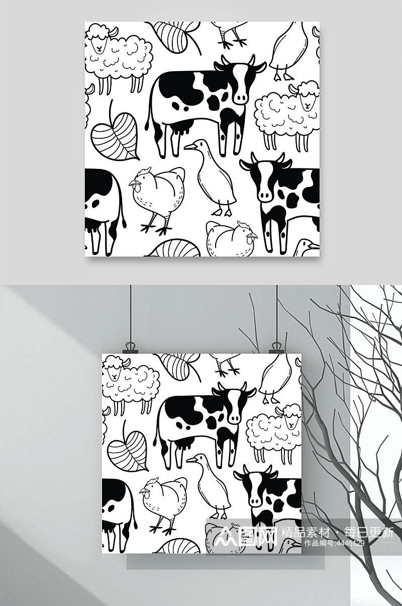 叶子奶牛简约手绘黑白图案矢量素材素材