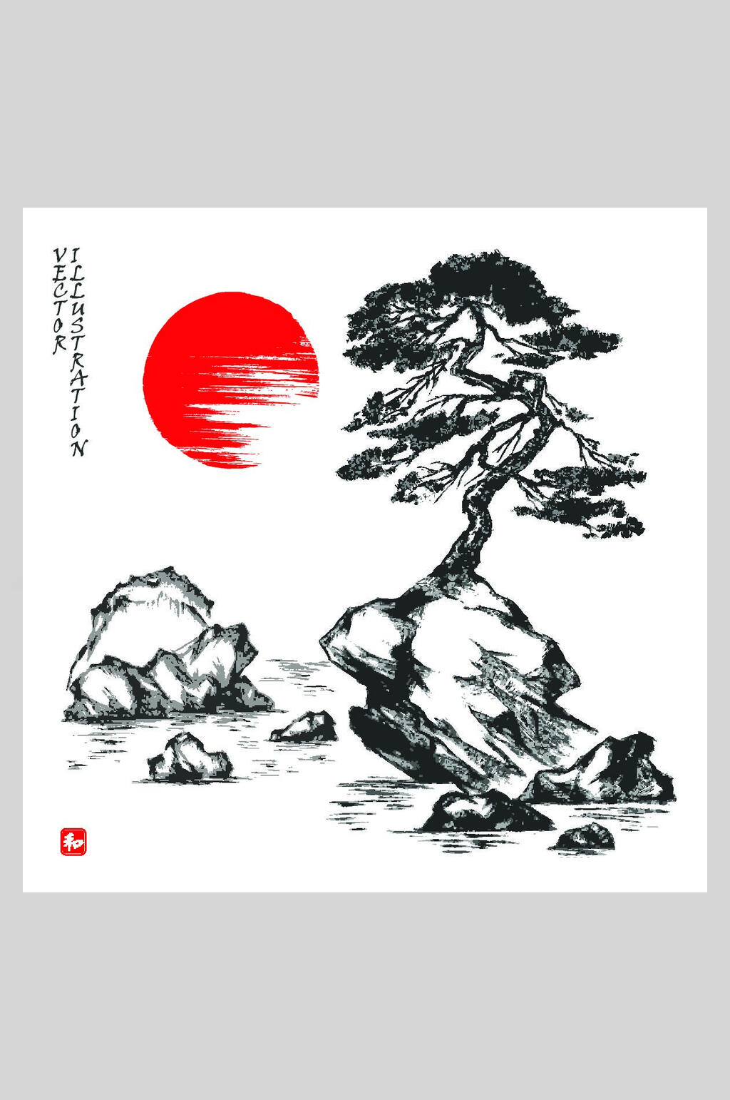 太阳日式山水矢量插画素材