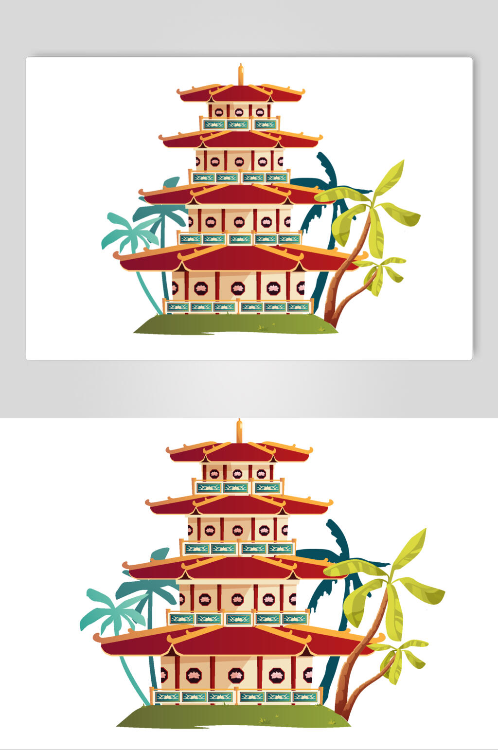 创意椰子树中式古代建筑矢量素材素材