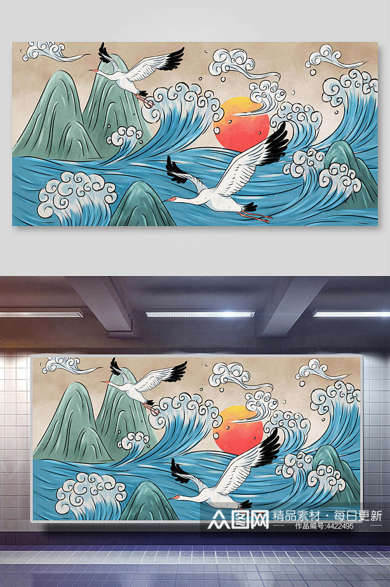 仙鹤海浪山国潮风插画素材