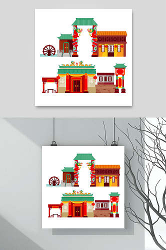 房子红绿清新中式古代建筑矢量素材
