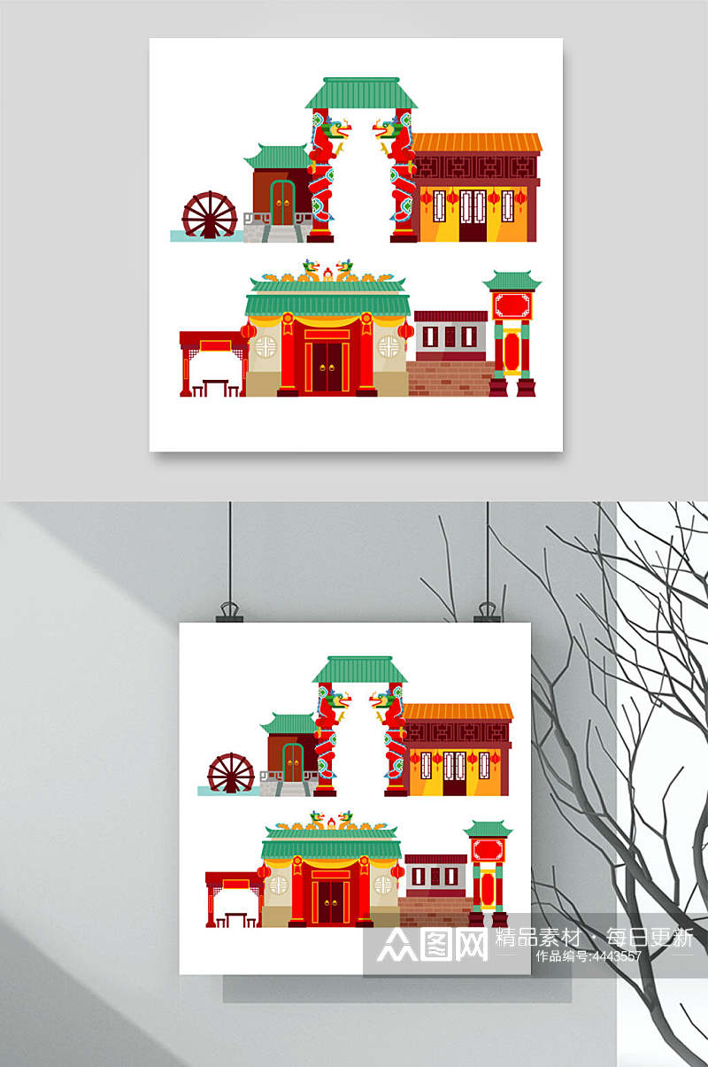 房子红绿清新中式古代建筑矢量素材素材
