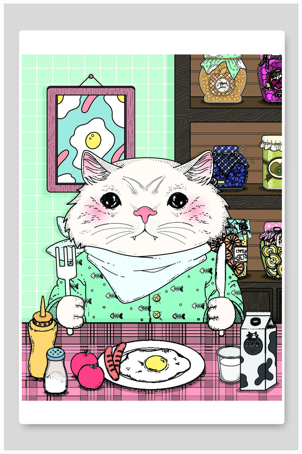 餐盘猫北欧动物矢量插画素材