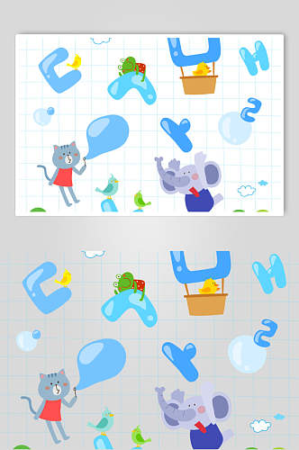猫咪大象蓝色动物儿童插画矢量素材