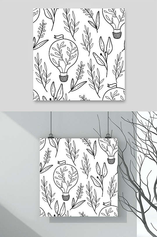 灯泡植物简约手绘黑白图案矢量素材