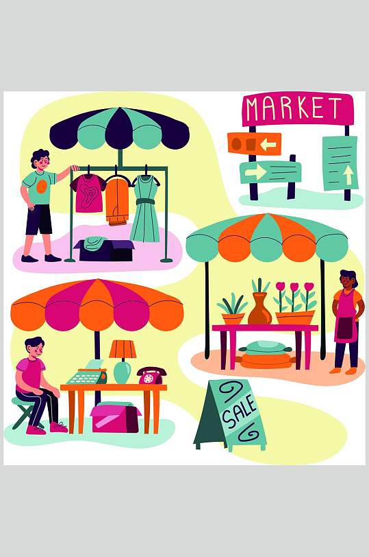 卡通四射服装购物场景插画矢量素材