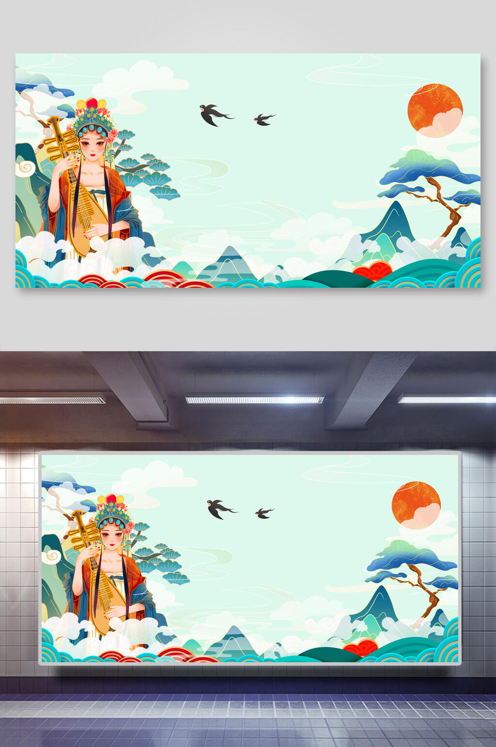 燕子树木绿红色简约风国潮戏曲背景素材