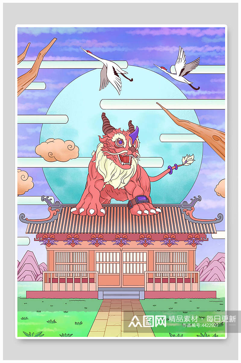 手绘仙鹤中国风插画素材