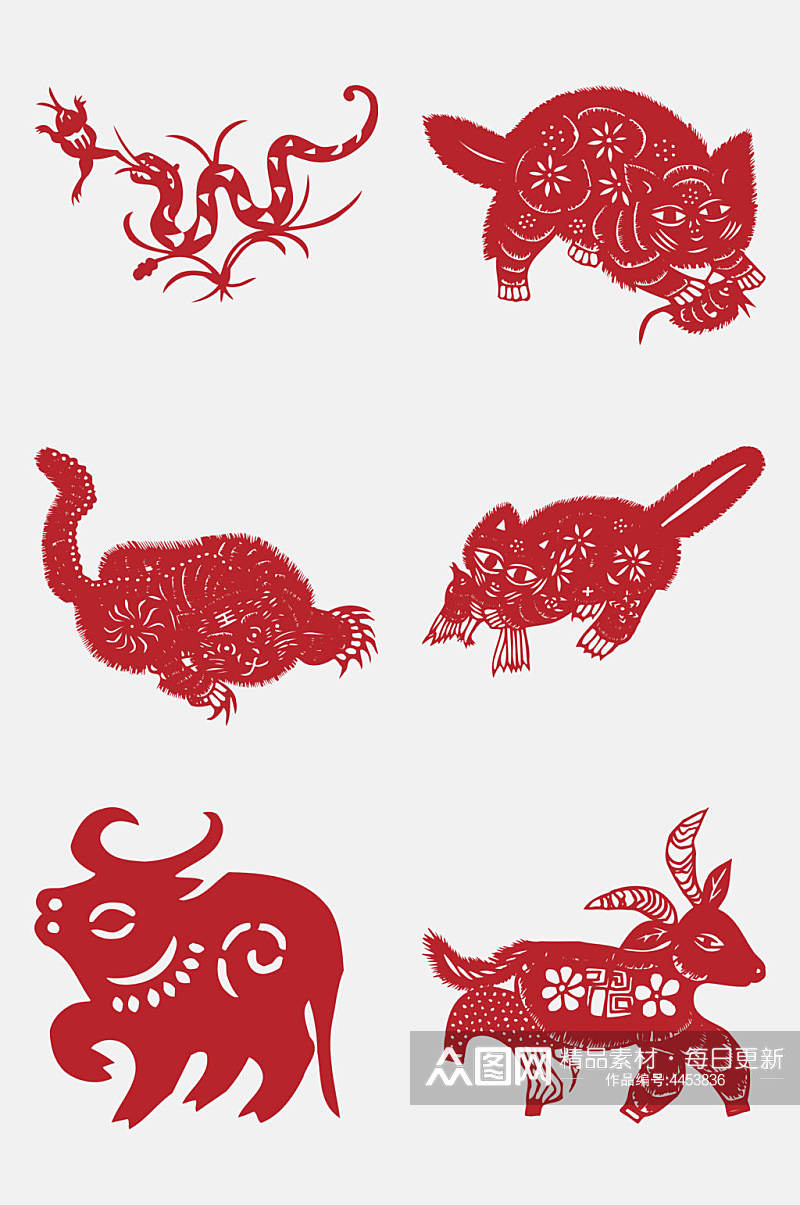 牛养红色动物生肖剪纸图案免抠素材素材