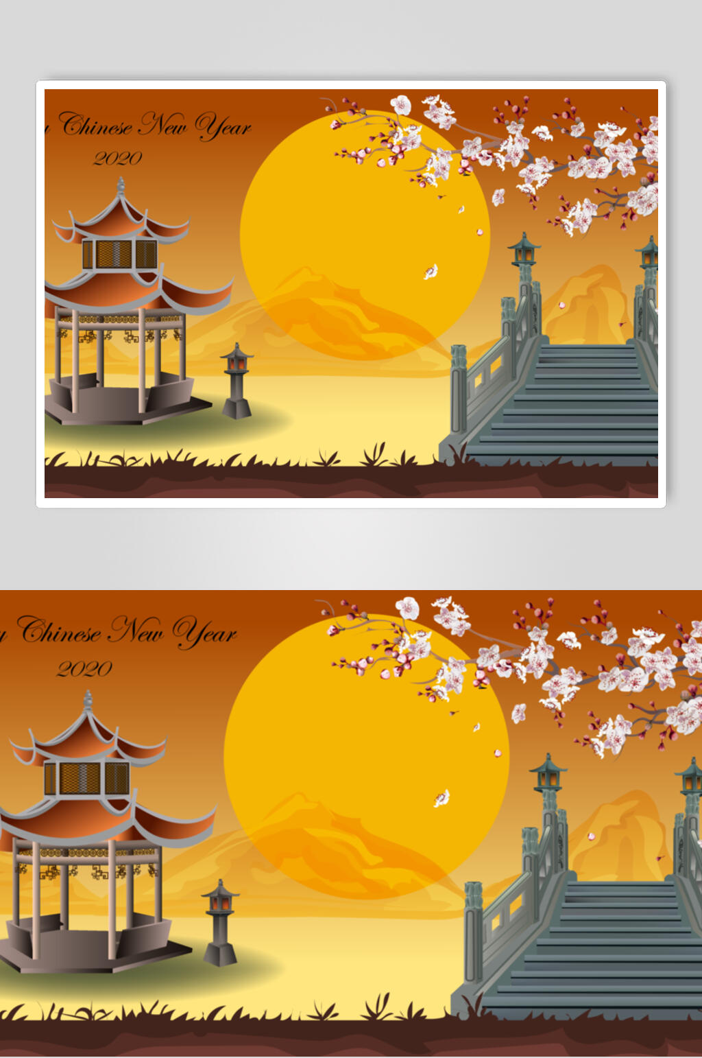 亭子花朵黄色中式古代建筑矢量素材素材