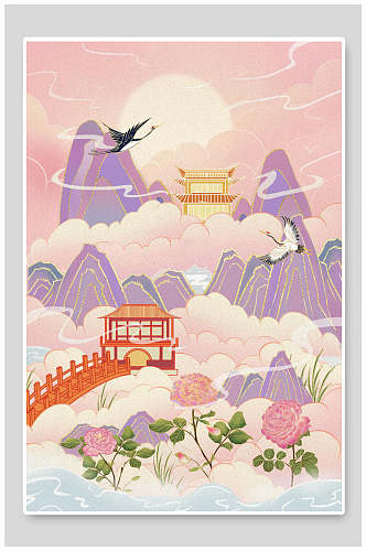 粉色创意花朵仙鹤中国风插画