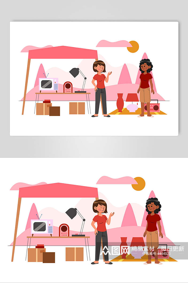 卡通粉红色服装购物场景插画矢量素材素材