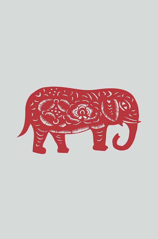 花纹大象生肖剪纸图案矢量素材