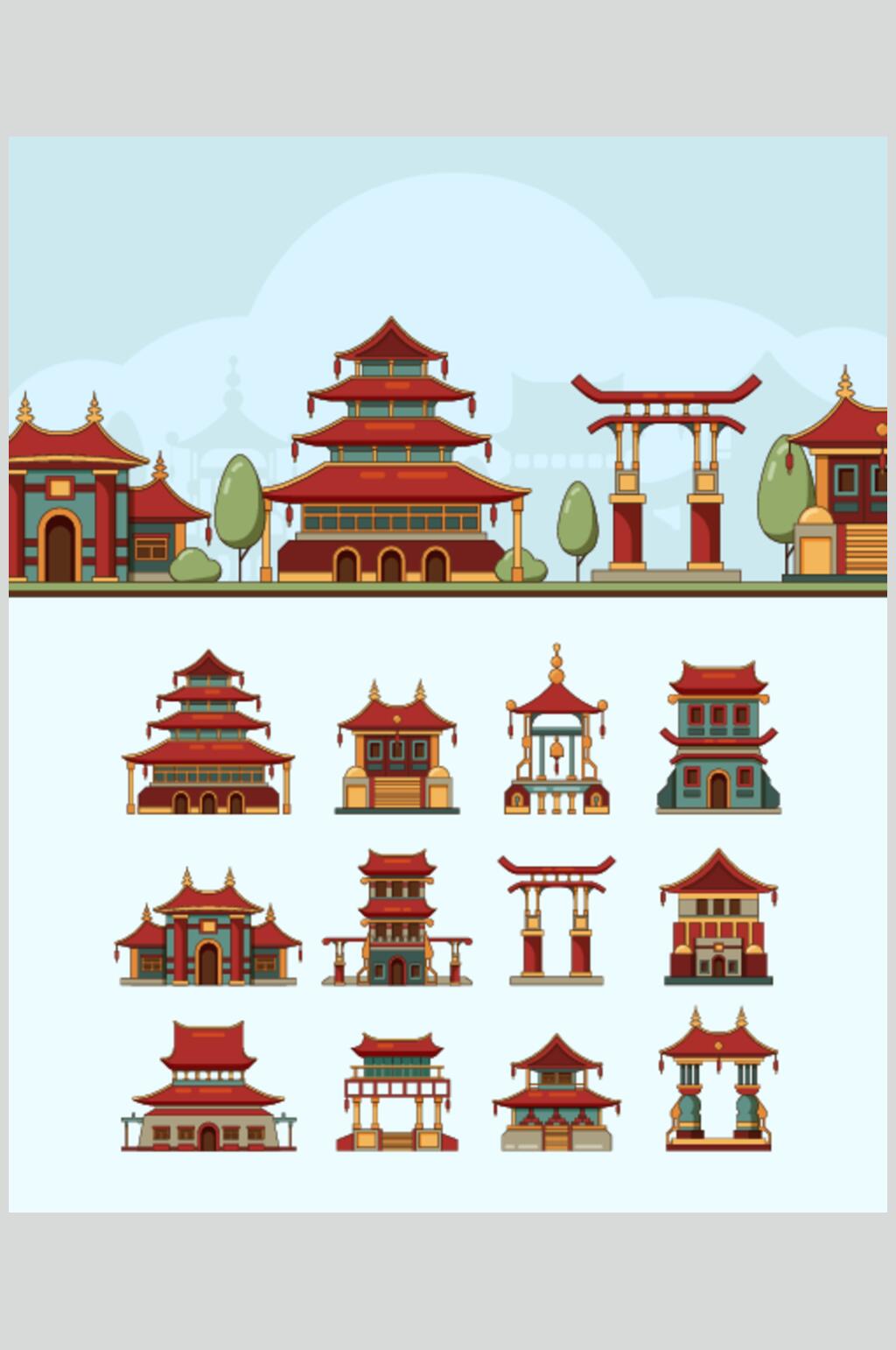 创意大气树木中式古代建筑矢量素材素材