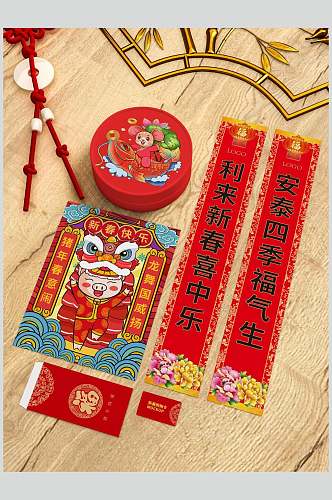手绘中文红色新年礼盒贴图样机