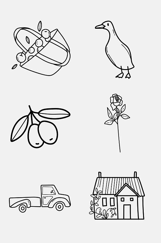 房子线条黑手绘动植物绘画免抠素材