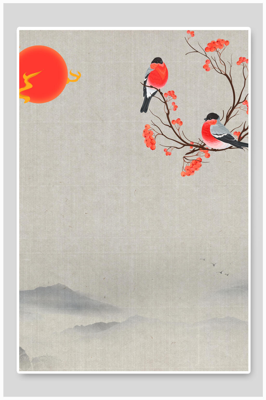 小鸟树枝简约黄红色古风工笔画背景素材